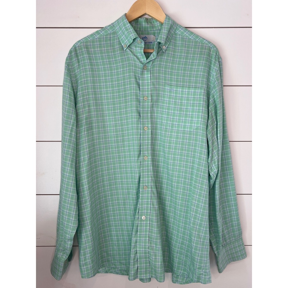 Southern Tide Mens Medium Green Blue Plaid Long Sleeve Button Down Shirt Cotton